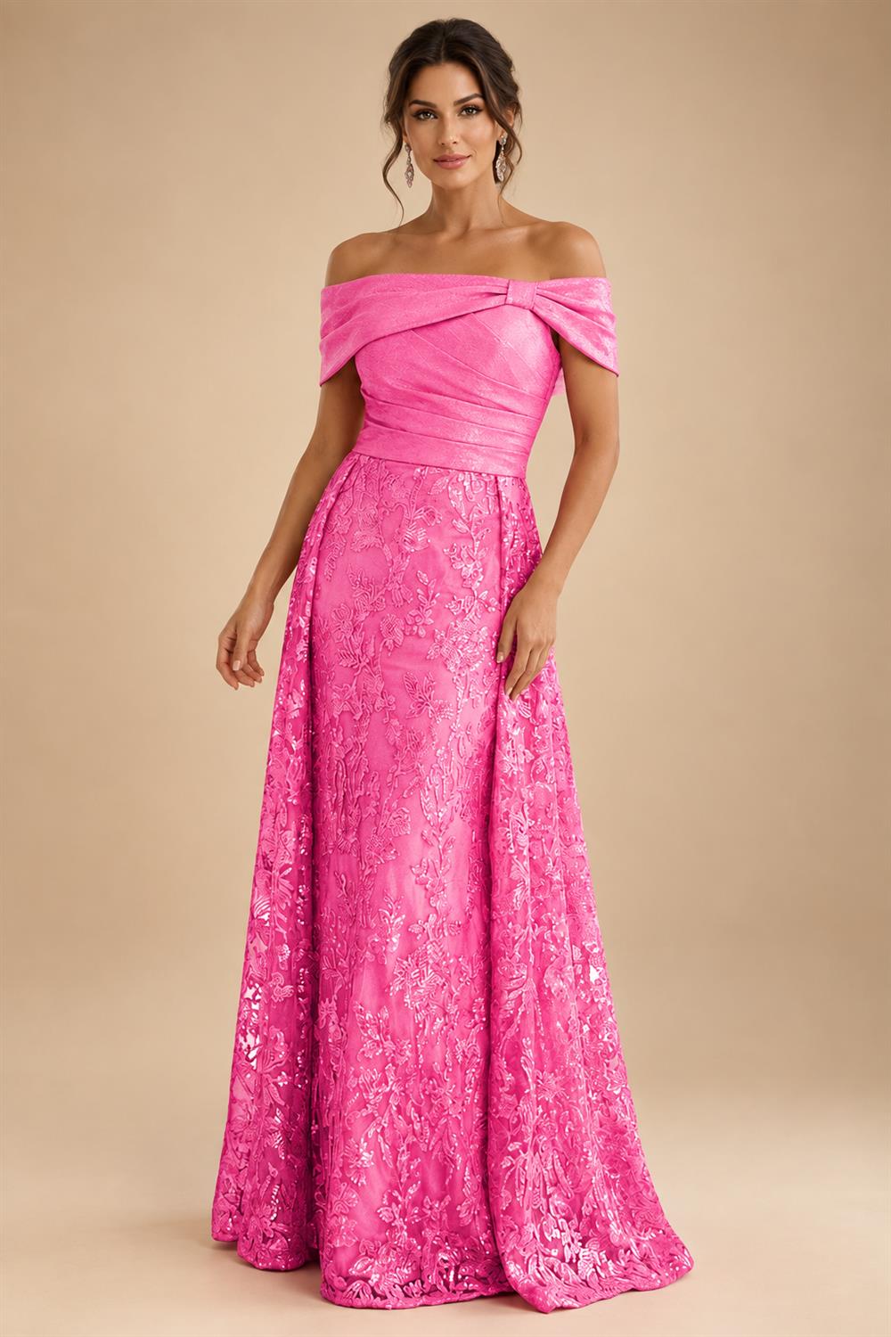 A-Line Metallic Satin Off Shoulder Bow Mother of the Bride & Groom Dresses with Floral Lace Appliques, Ruched Waist & Sweep Train (SHI22500425)