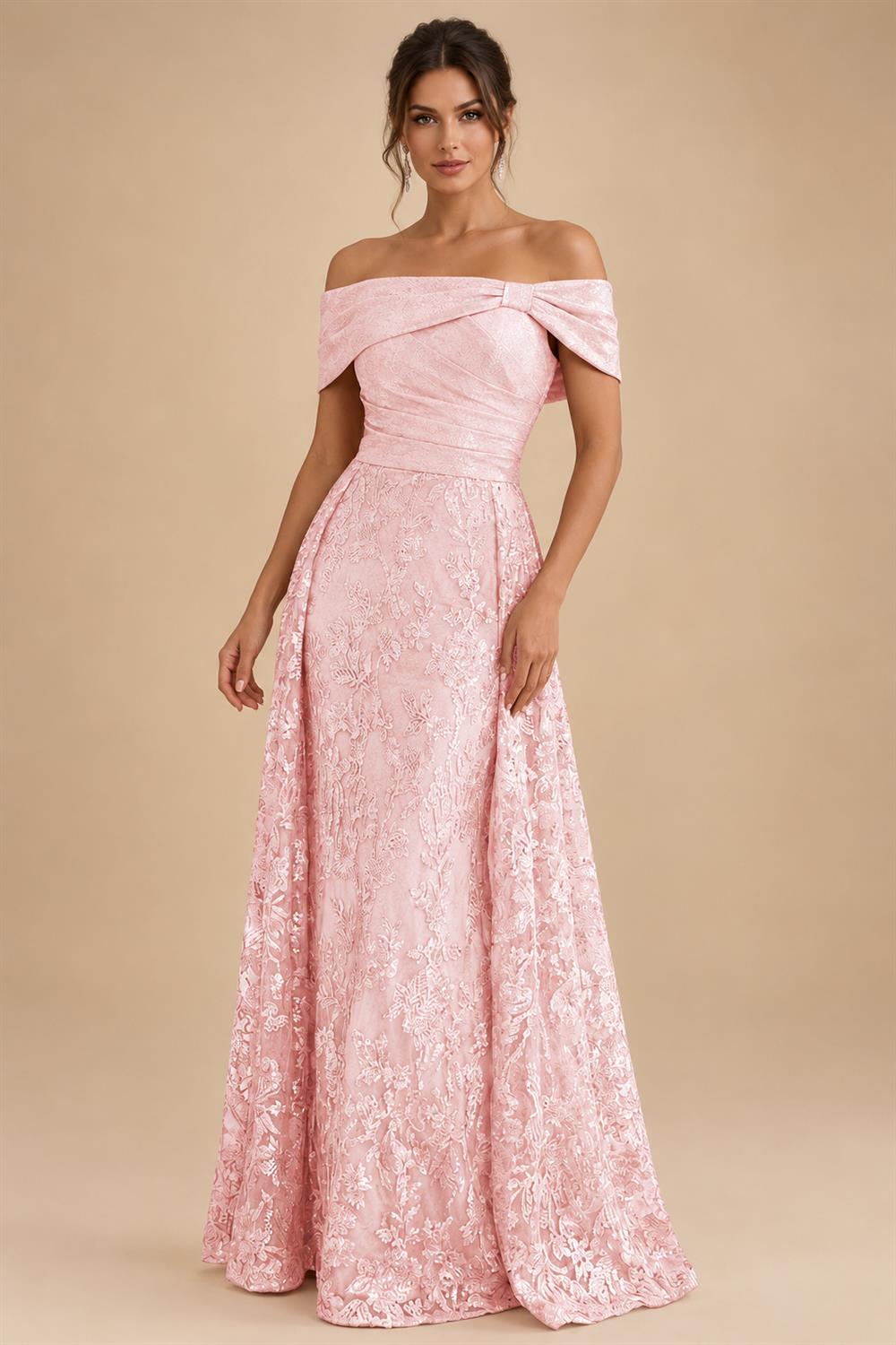 A-Line Metallic Satin Off Shoulder Bow Mother of the Bride & Groom Dresses with Floral Lace Appliques, Ruched Waist & Sweep Train (SHI22500425)