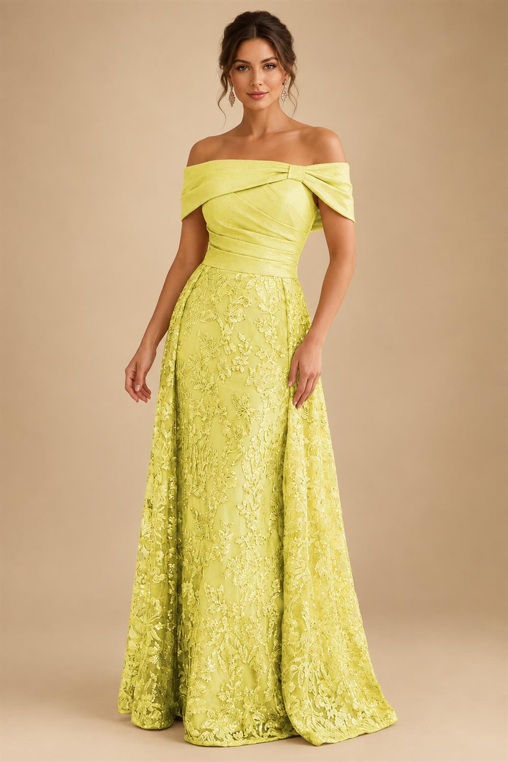 A-Line Metallic Satin Off Shoulder Bow Mother of the Bride & Groom Dresses with Floral Lace Appliques, Ruched Waist & Sweep Train (SHI22500425)