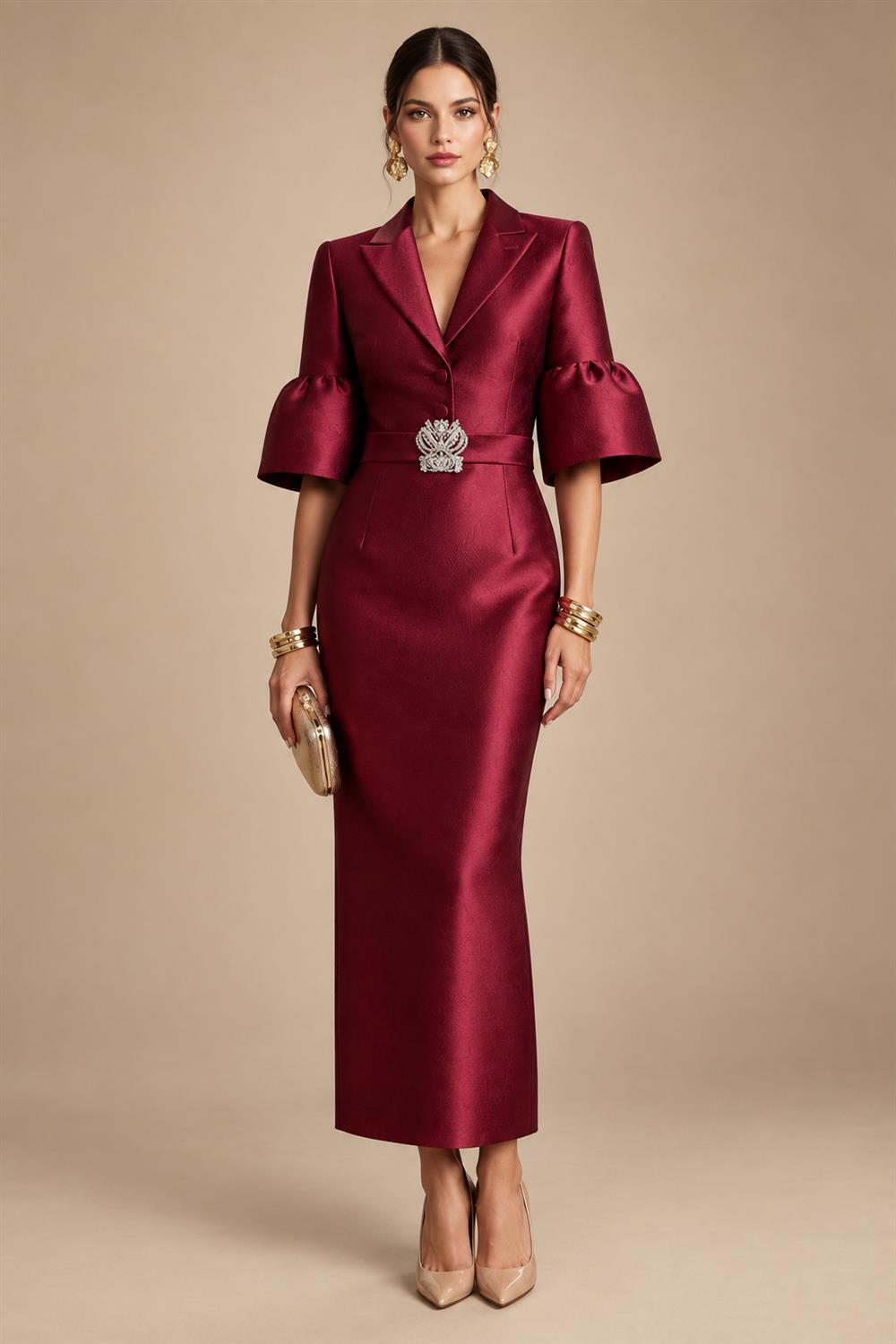 Sheath/Column Scoop Neck Satin Tea-Length Mother of the Bride & Groom Dresses with Ruched Waist & Rhinestones (SHI22501657)