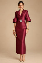 Sheath Satin Tea-Length Mother of the Bride & Groom Dresses with 3/4 Bell Sleeves & Crystal Embellished Belt (SHI22500471)