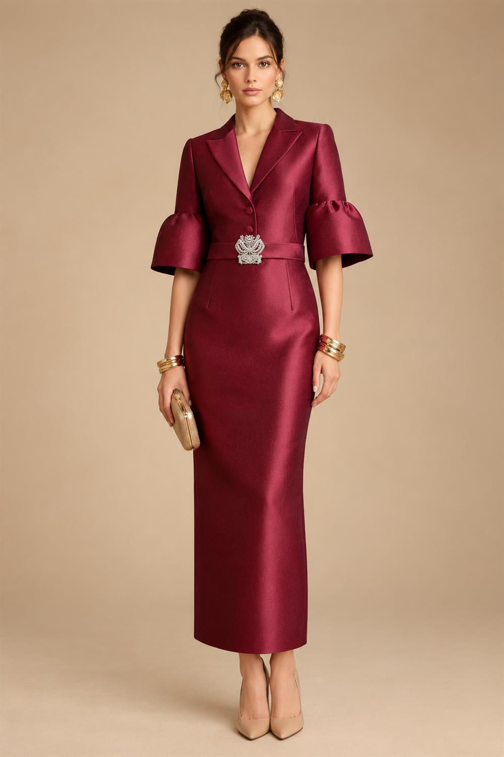Sheath Satin Tea-Length Mother of the Bride & Groom Dresses with 3/4 Bell Sleeves & Crystal Embellished Belt (SHI22500471)