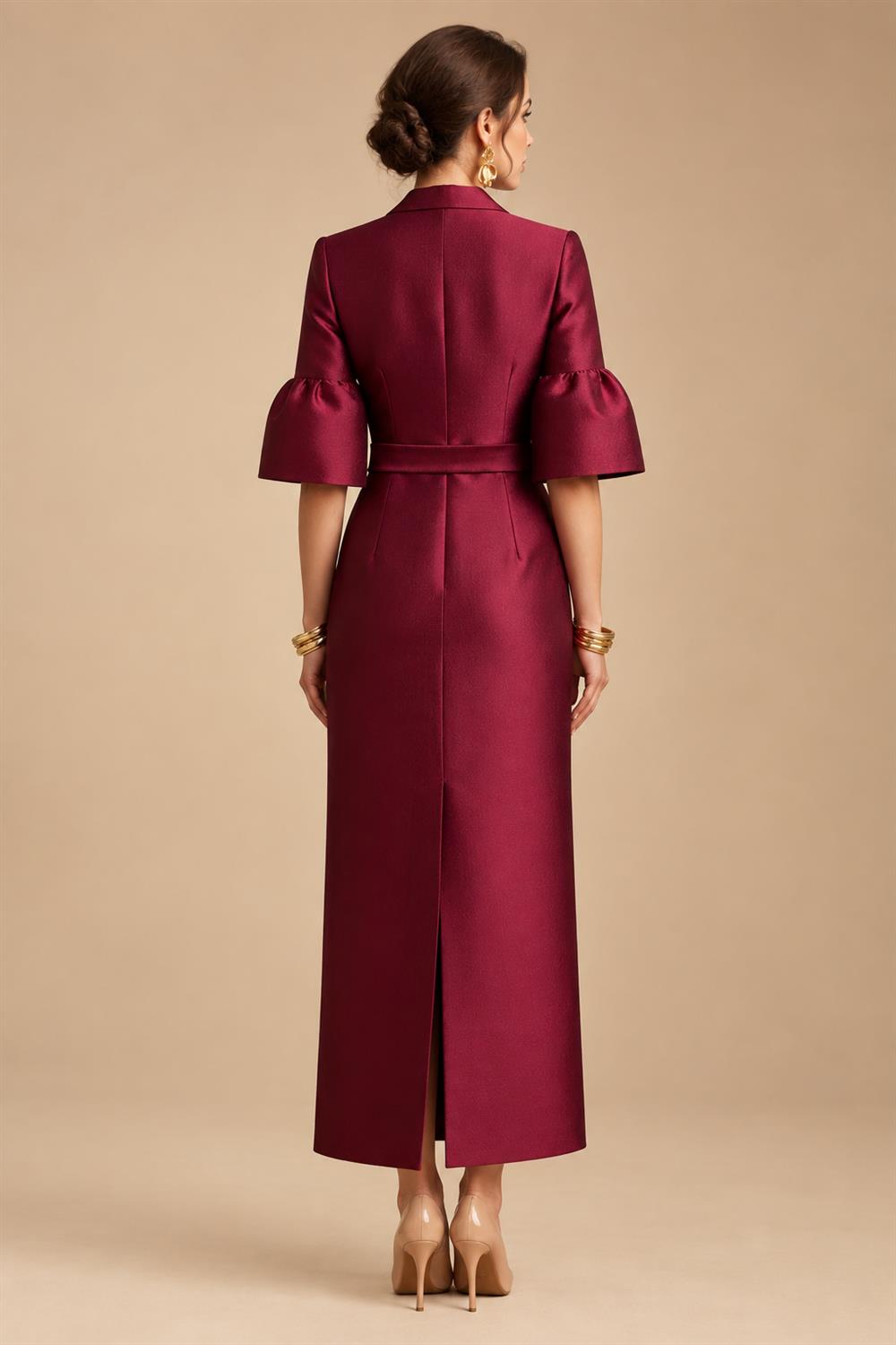 Sheath Satin Tea-Length Mother of the Bride & Groom Dresses with 3/4 Bell Sleeves & Crystal Embellished Belt (SHI22500471)