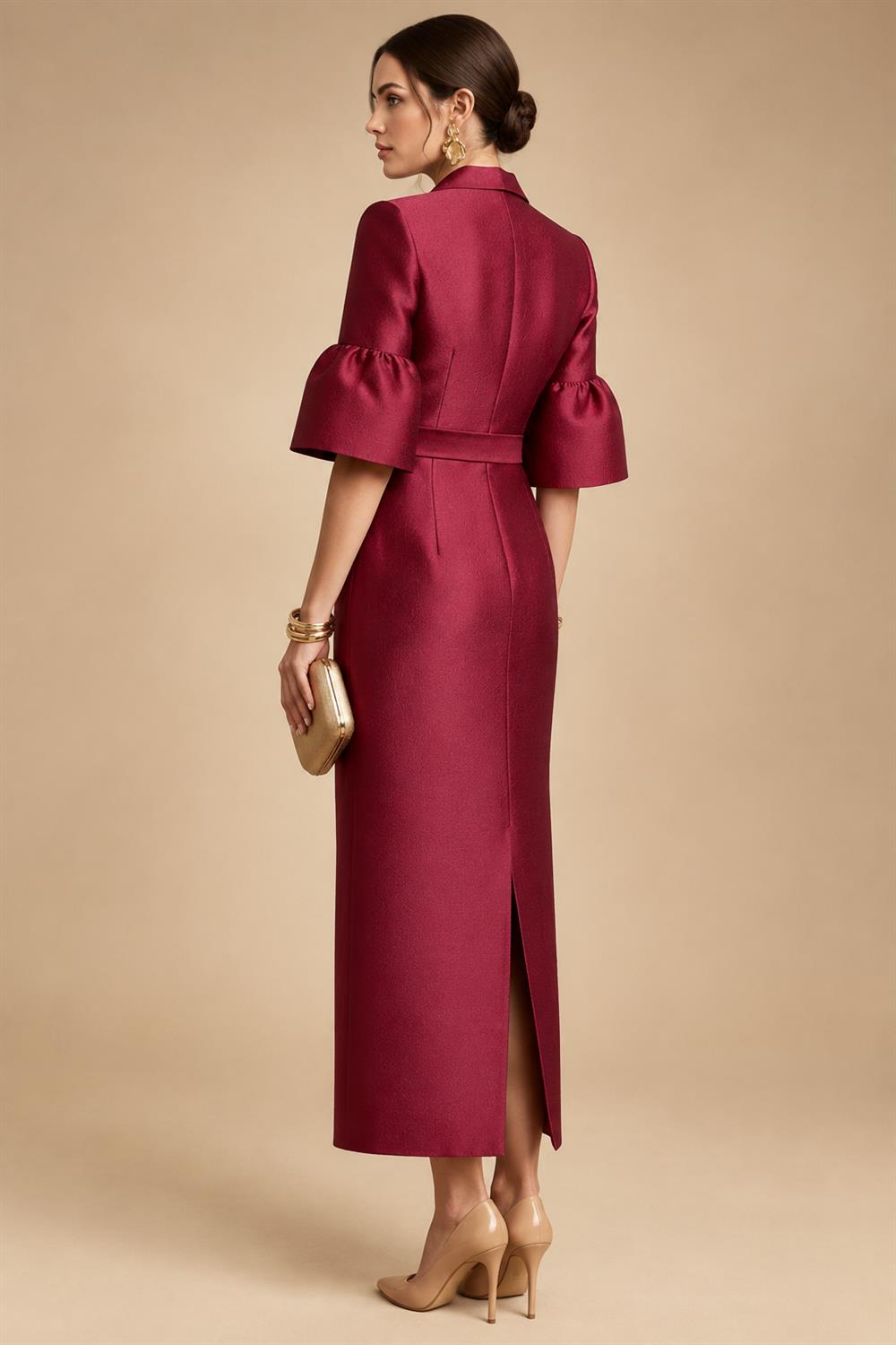 Sheath Satin Tea-Length Mother of the Bride & Groom Dresses with 3/4 Bell Sleeves & Crystal Embellished Belt (SHI22500471)