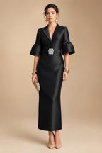 Sheath Satin Tea-Length Mother of the Bride & Groom Dresses with 3/4 Bell Sleeves & Crystal Embellished Belt (SHI22500471)