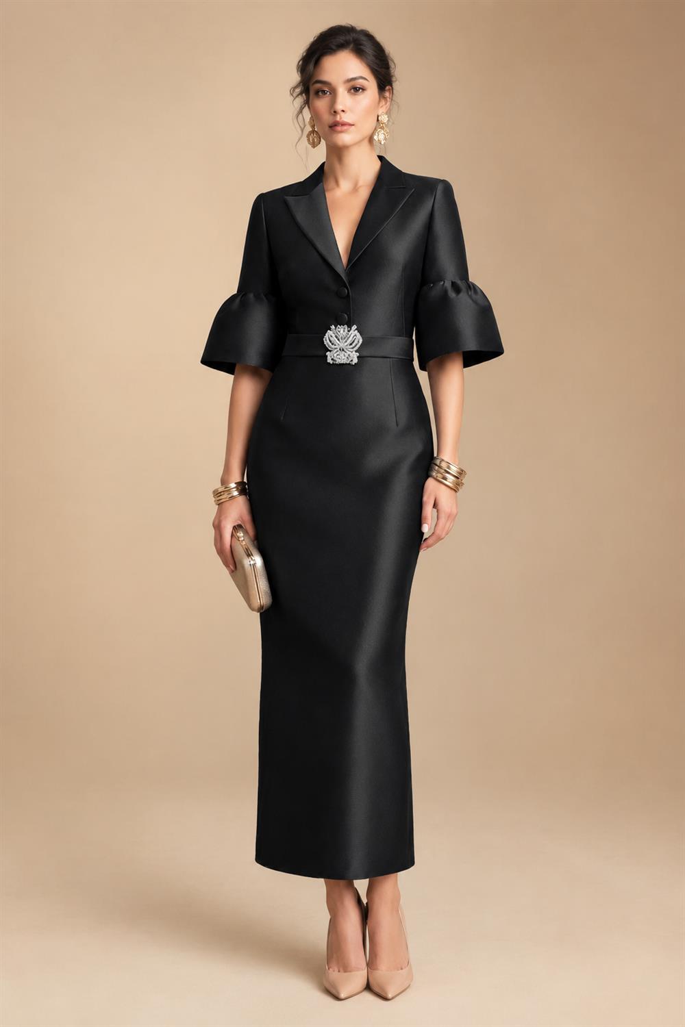 Sheath Satin Tea-Length Mother of the Bride & Groom Dresses with 3/4 Bell Sleeves & Crystal Embellished Belt (SHI22500471)
