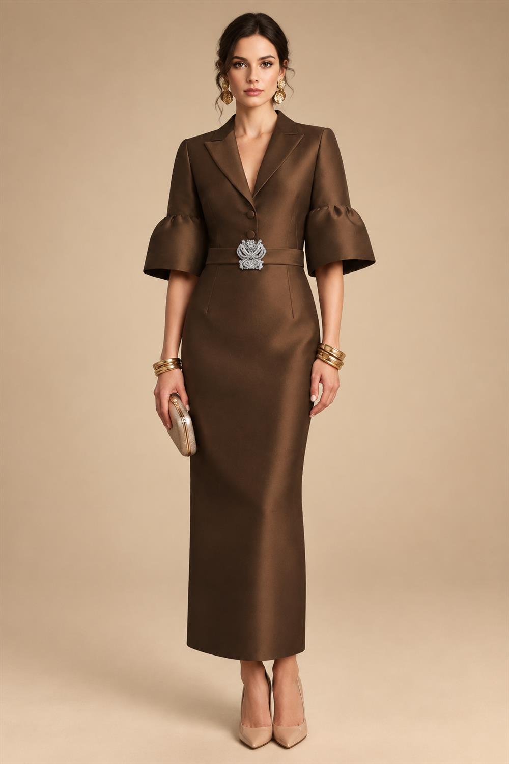 Sheath Satin Tea-Length Mother of the Bride & Groom Dresses with 3/4 Bell Sleeves & Crystal Embellished Belt (SHI22500471)