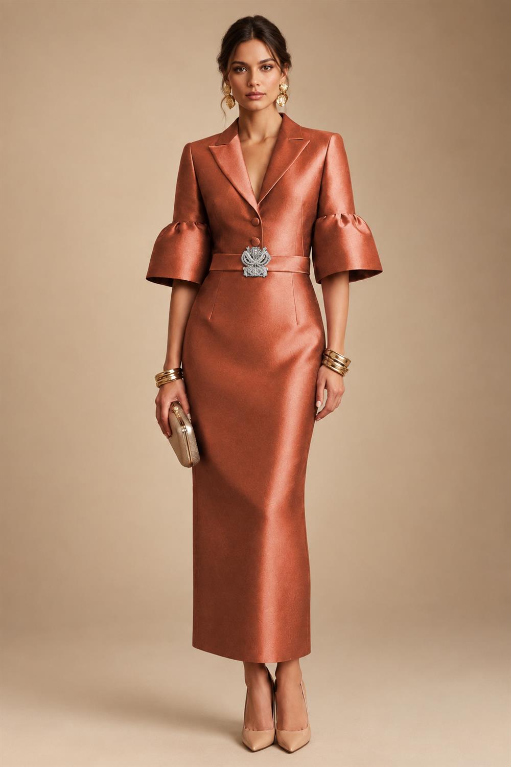 Sheath Satin Tea-Length Mother of the Bride & Groom Dresses with 3/4 Bell Sleeves & Crystal Embellished Belt (SHI22500471)