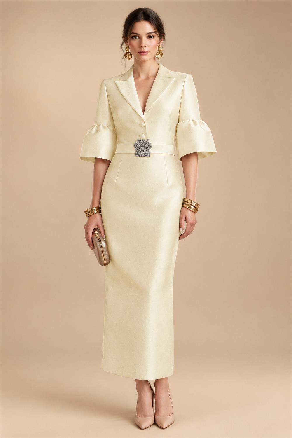 Sheath Satin Tea-Length Mother of the Bride & Groom Dresses with 3/4 Bell Sleeves & Crystal Embellished Belt (SHI22500471)