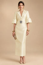 Sheath Satin Tea-Length Mother of the Bride & Groom Dresses with 3/4 Bell Sleeves & Crystal Embellished Belt (SHI22500471)