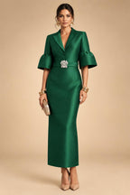 Sheath Satin Tea-Length Mother of the Bride & Groom Dresses with 3/4 Bell Sleeves & Crystal Embellished Belt (SHI22500471)