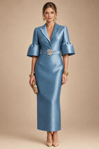 Sheath Satin Tea-Length Mother of the Bride & Groom Dresses with 3/4 Bell Sleeves & Crystal Embellished Belt (SHI22500471)