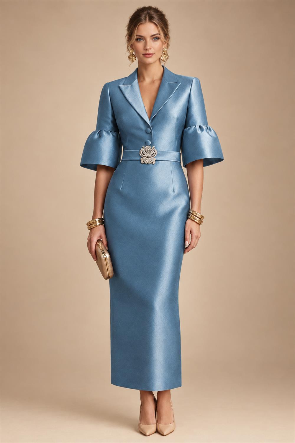 Sheath Satin Tea-Length Mother of the Bride & Groom Dresses with 3/4 Bell Sleeves & Crystal Embellished Belt (SHI22500471)