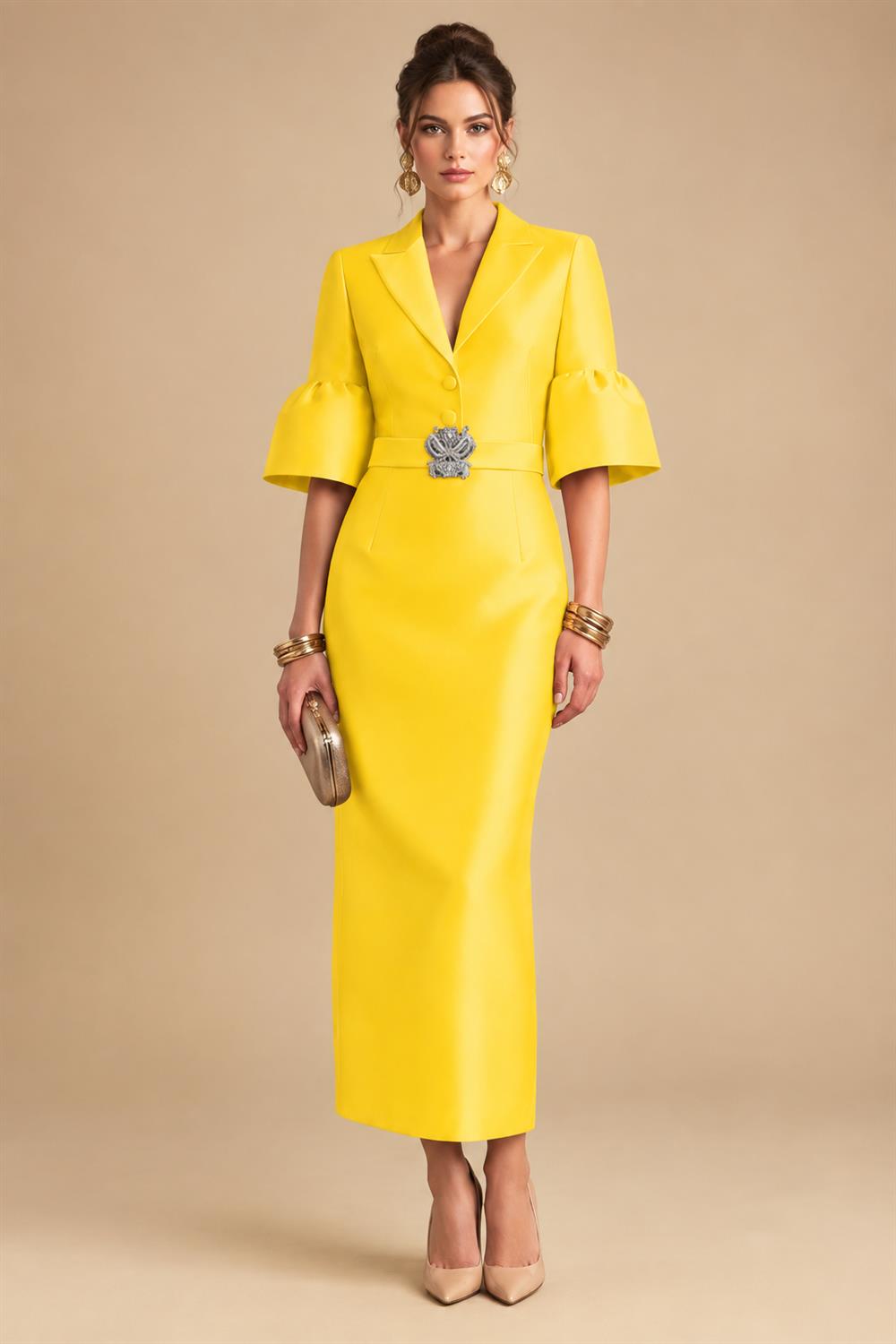 Sheath Satin Tea-Length Mother of the Bride & Groom Dresses with 3/4 Bell Sleeves & Crystal Embellished Belt (SHI22500471)