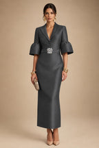 Sheath Satin Tea-Length Mother of the Bride & Groom Dresses with 3/4 Bell Sleeves & Crystal Embellished Belt (SHI22500471)