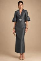 Sheath Satin Tea-Length Mother of the Bride & Groom Dresses with 3/4 Bell Sleeves & Crystal Embellished Belt (SHI22500471)