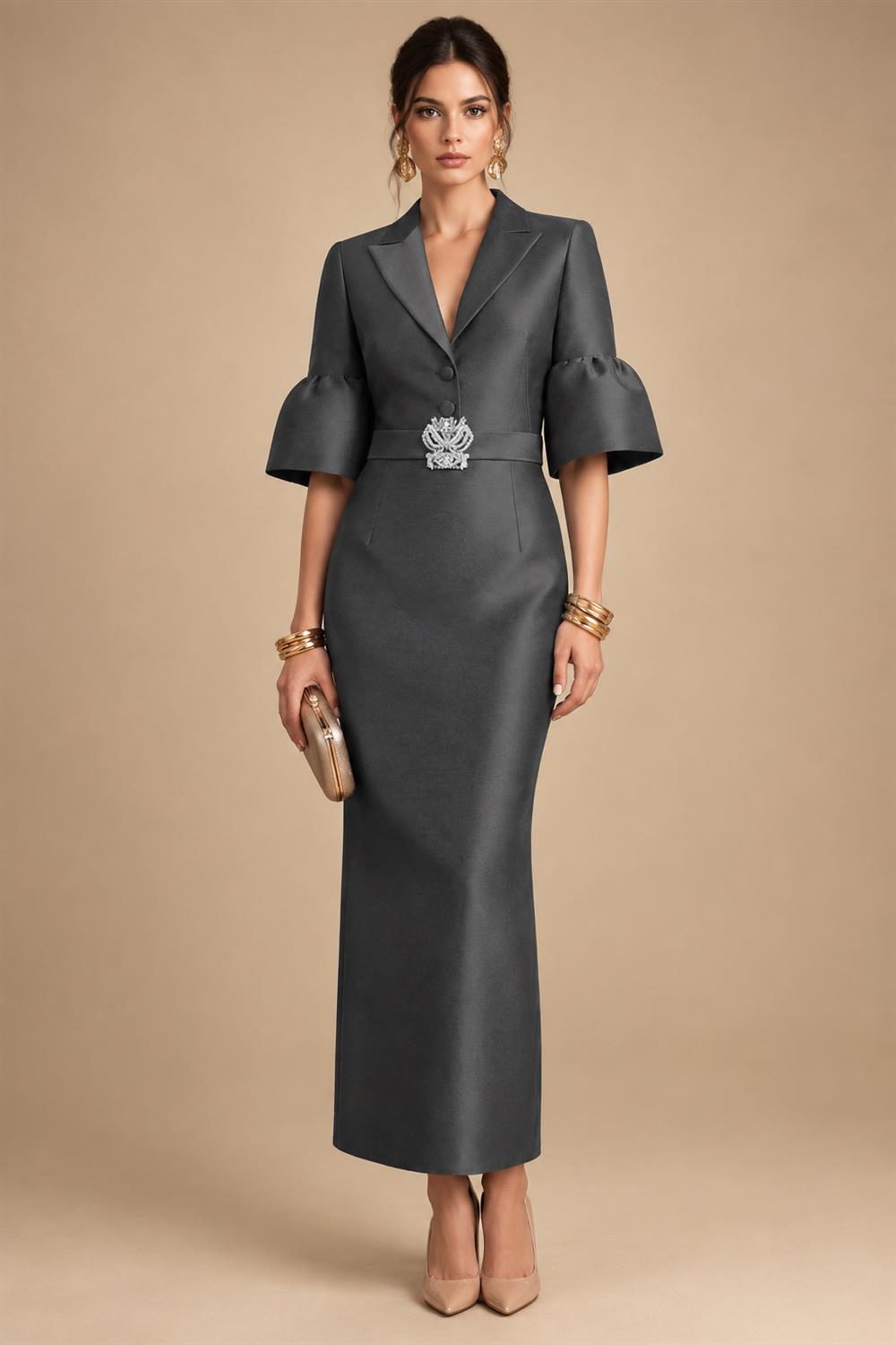 Sheath Satin Tea-Length Mother of the Bride & Groom Dresses with 3/4 Bell Sleeves & Crystal Embellished Belt (SHI22500471)