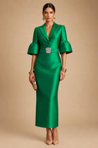 Sheath Satin Tea-Length Mother of the Bride & Groom Dresses with 3/4 Bell Sleeves & Crystal Embellished Belt (SHI22500471)
