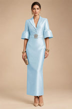 Sheath Satin Tea-Length Mother of the Bride & Groom Dresses with 3/4 Bell Sleeves & Crystal Embellished Belt (SHI22500471)