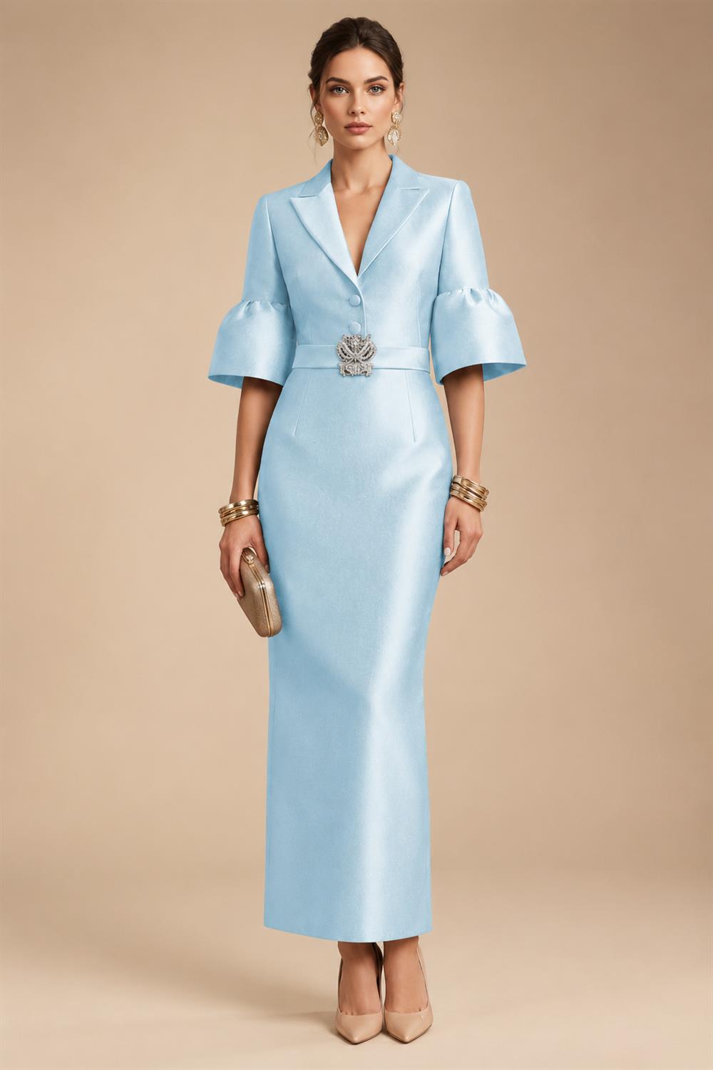 Sheath Satin Tea-Length Mother of the Bride & Groom Dresses with 3/4 Bell Sleeves & Crystal Embellished Belt (SHI22500471)