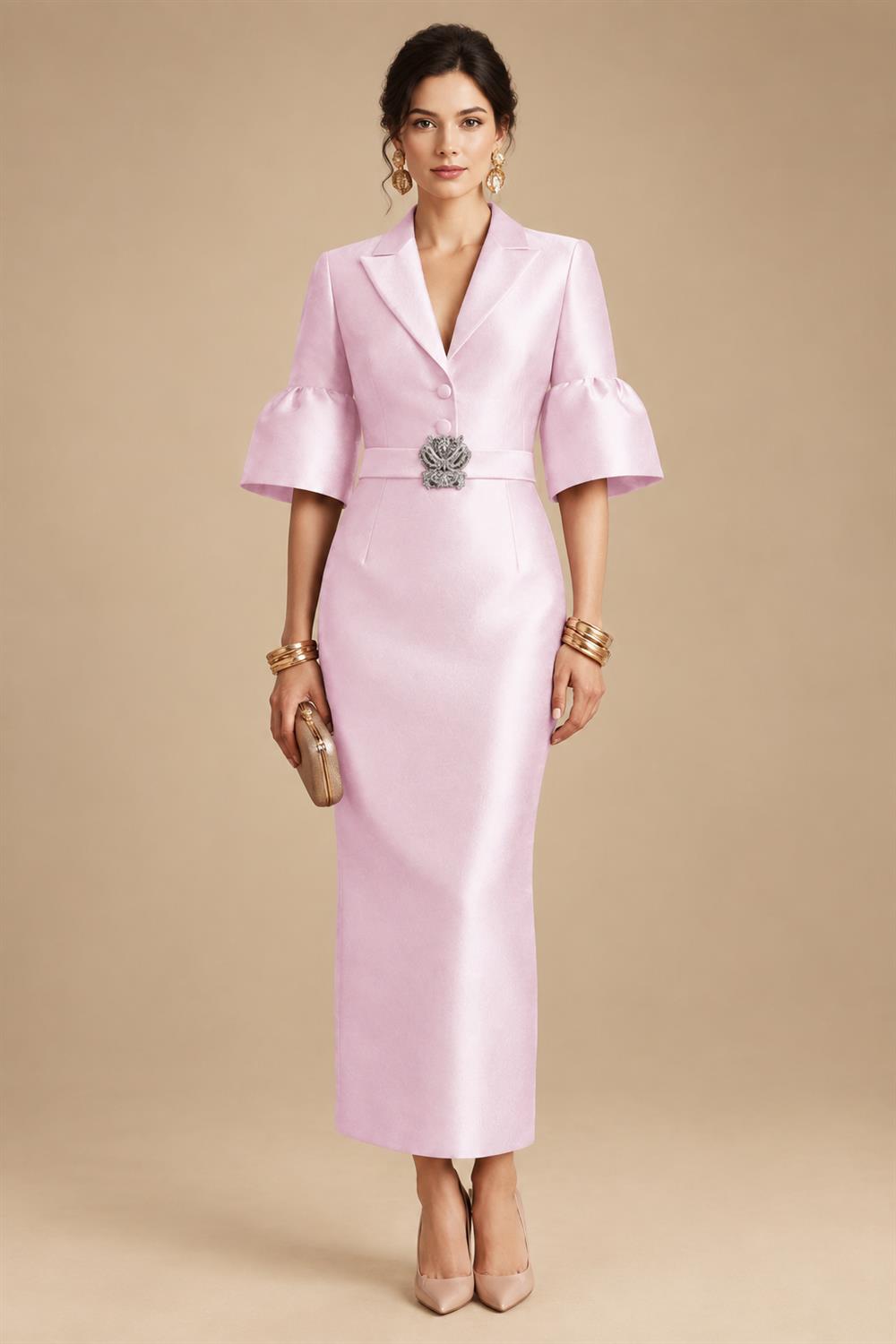 Sheath Satin Tea-Length Mother of the Bride & Groom Dresses with 3/4 Bell Sleeves & Crystal Embellished Belt (SHI22500471)