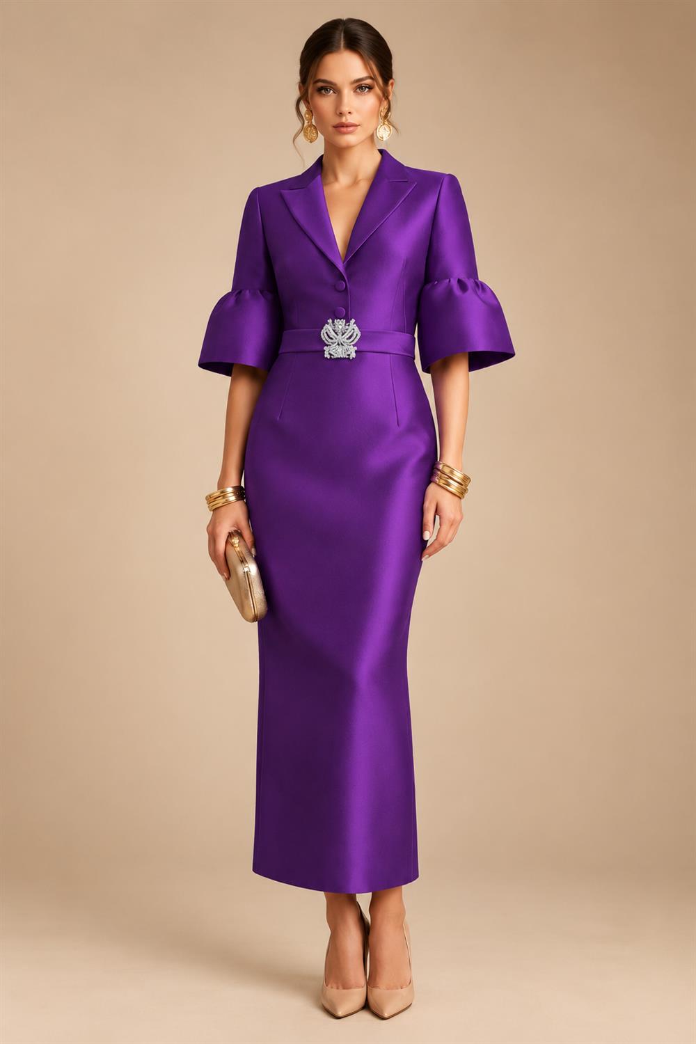Sheath Satin Tea-Length Mother of the Bride & Groom Dresses with 3/4 Bell Sleeves & Crystal Embellished Belt (SHI22500471)