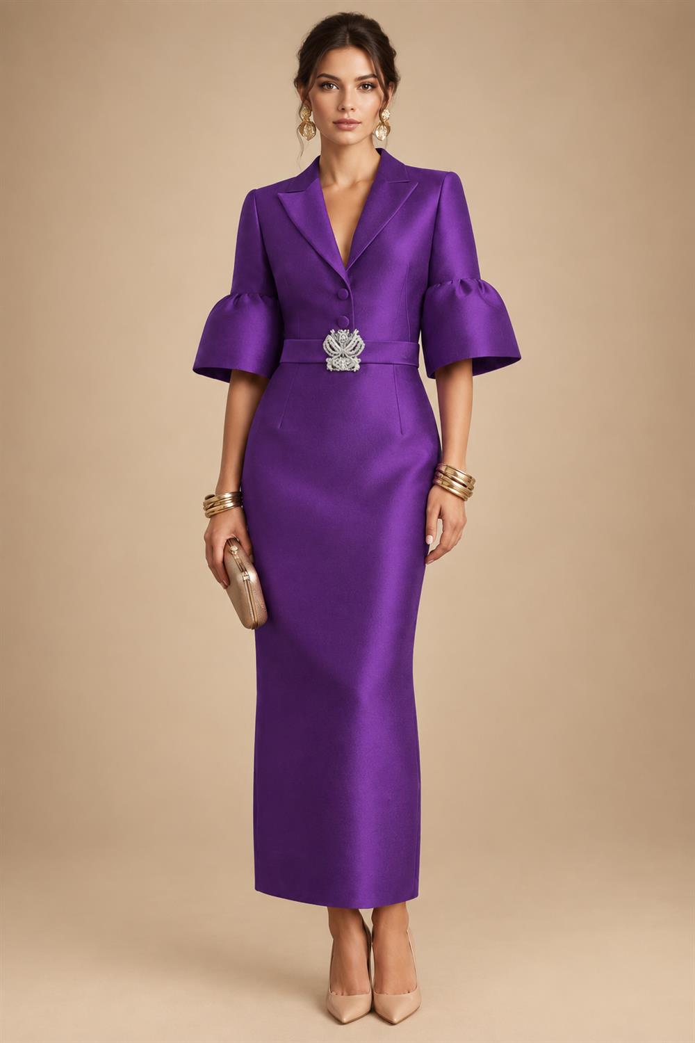 Sheath Satin Tea-Length Mother of the Bride & Groom Dresses with 3/4 Bell Sleeves & Crystal Embellished Belt (SHI22500471)