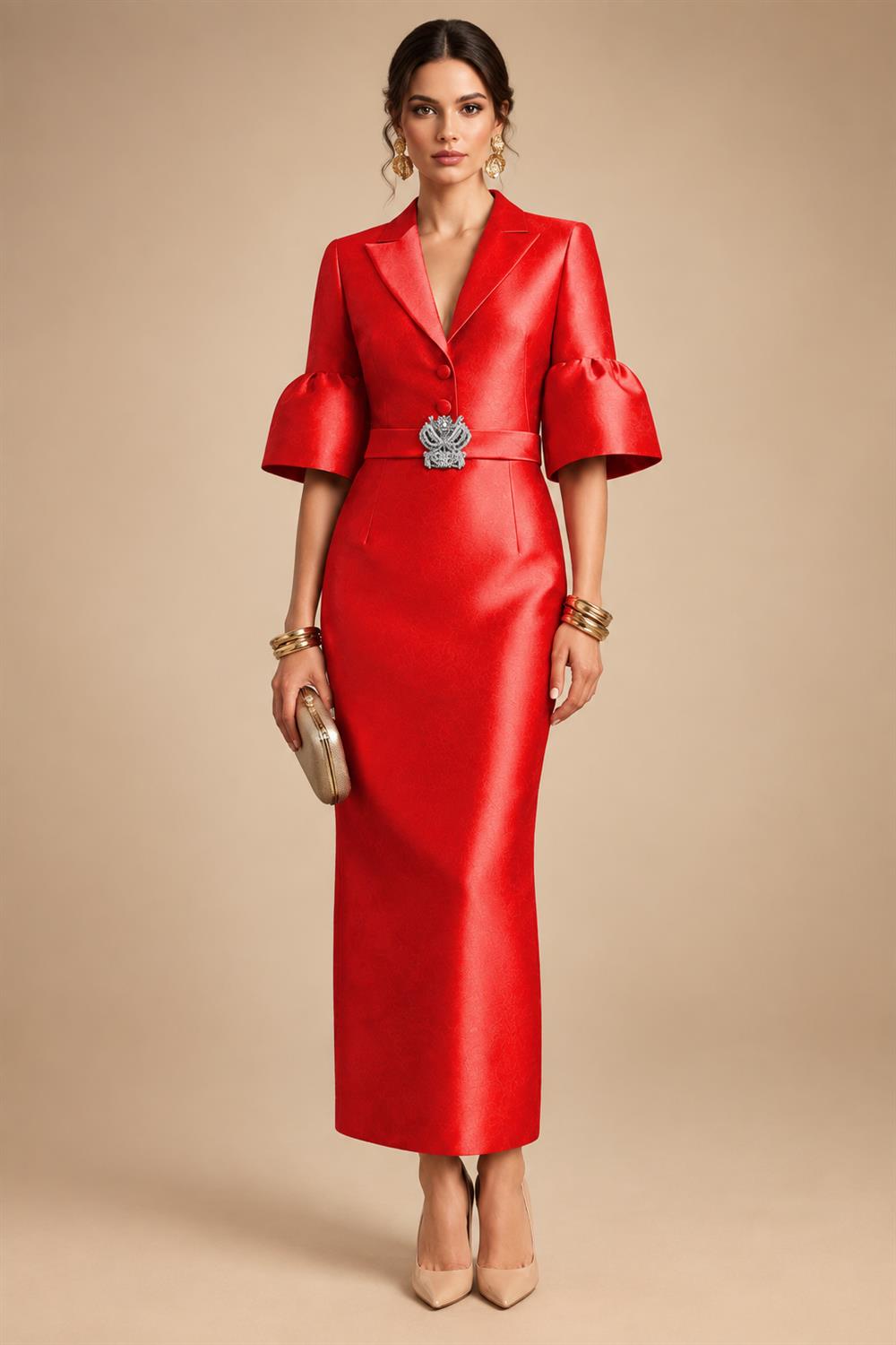 Sheath Satin Tea-Length Mother of the Bride & Groom Dresses with 3/4 Bell Sleeves & Crystal Embellished Belt (SHI22500471)