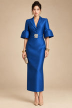 Sheath Satin Tea-Length Mother of the Bride & Groom Dresses with 3/4 Bell Sleeves & Crystal Embellished Belt (SHI22500471)