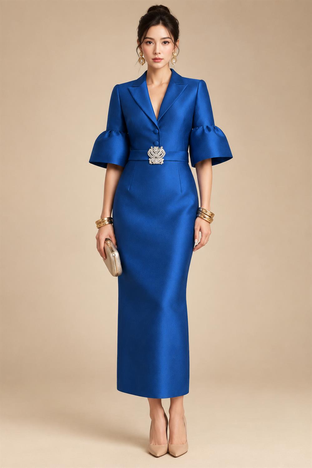 Sheath Satin Tea-Length Mother of the Bride & Groom Dresses with 3/4 Bell Sleeves & Crystal Embellished Belt (SHI22500471)