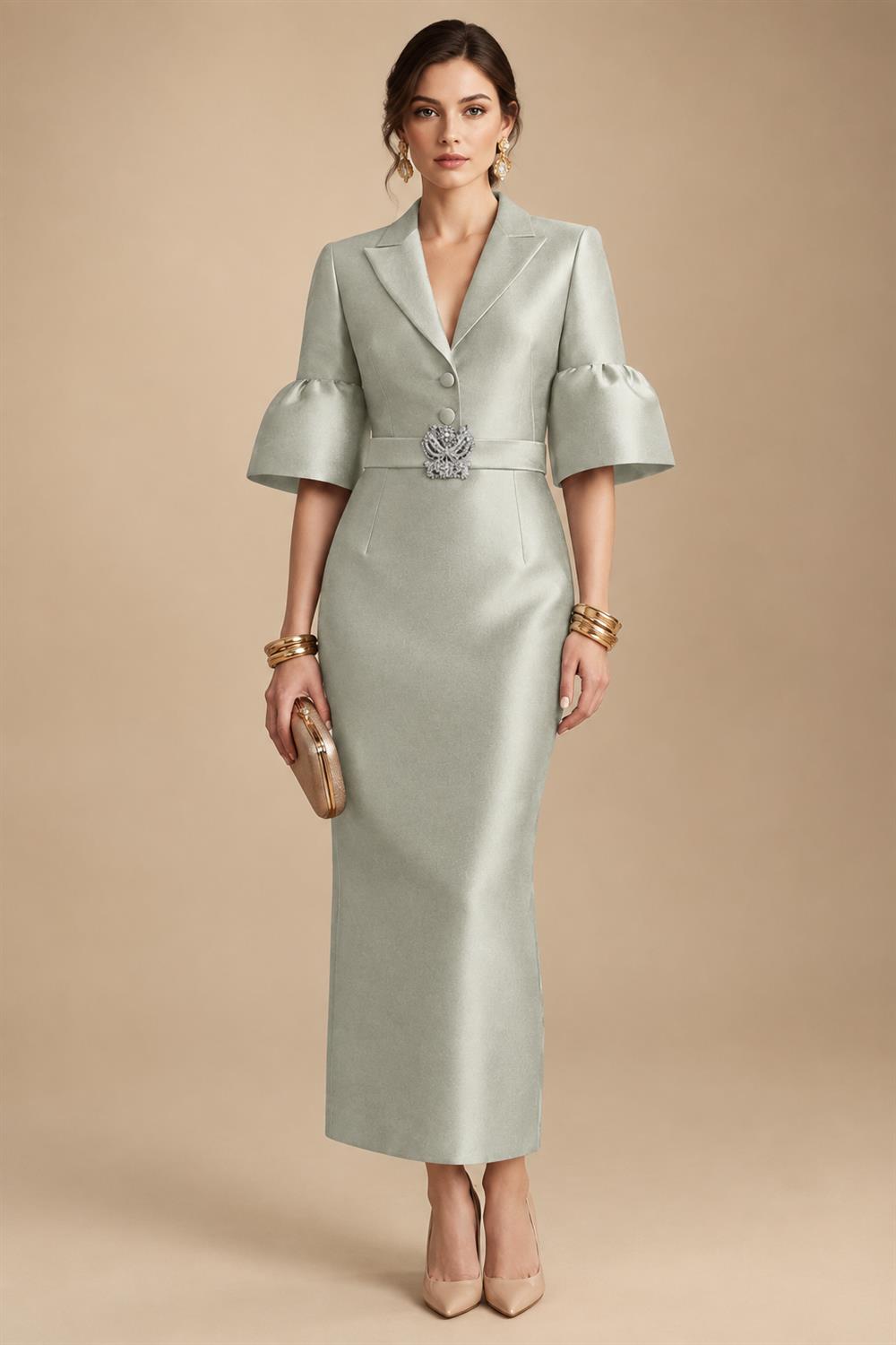 Sheath Satin Tea-Length Mother of the Bride & Groom Dresses with 3/4 Bell Sleeves & Crystal Embellished Belt (SHI22500471)