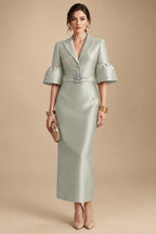 Sheath Satin Tea-Length Mother of the Bride & Groom Dresses with 3/4 Bell Sleeves & Crystal Embellished Belt (SHI22500471)