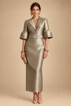 Sheath Satin Tea-Length Mother of the Bride & Groom Dresses with 3/4 Bell Sleeves & Crystal Embellished Belt (SHI22500471)