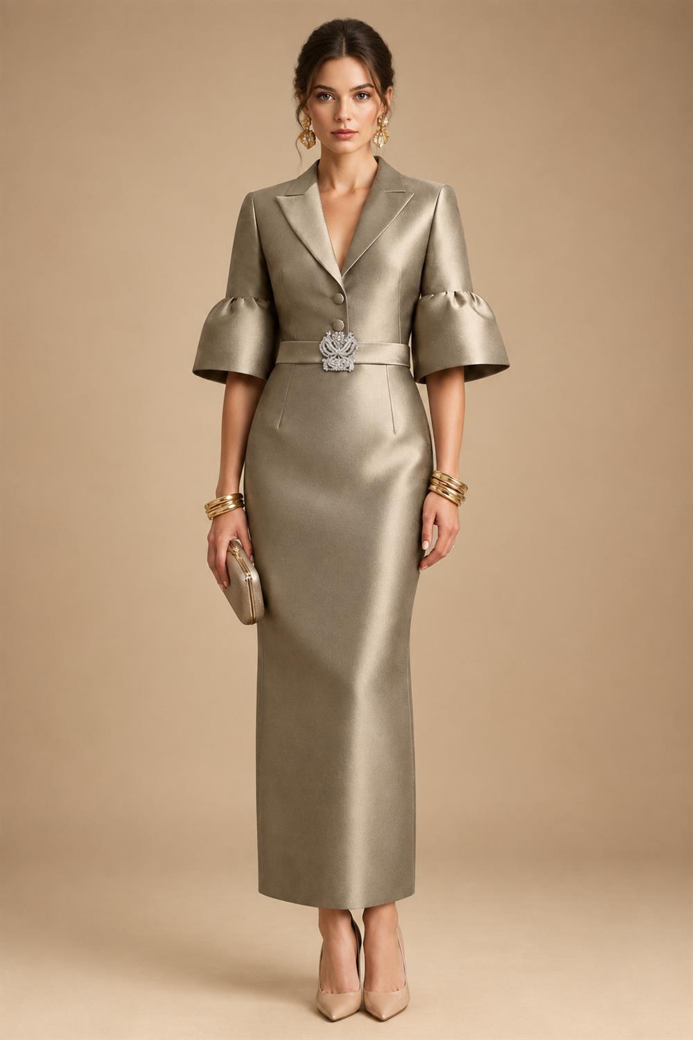 Sheath Satin Tea-Length Mother of the Bride & Groom Dresses with 3/4 Bell Sleeves & Crystal Embellished Belt (SHI22500471)