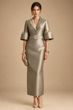 Sheath Satin Tea-Length Mother of the Bride & Groom Dresses with 3/4 Bell Sleeves & Crystal Embellished Belt (SHI22500471)