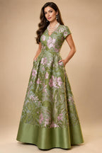 A-Line Floral Jacquard Floor-Length Mother of the Bride & Groom Dresses with V-Neck, Cap Sleeves (SHI22500480)