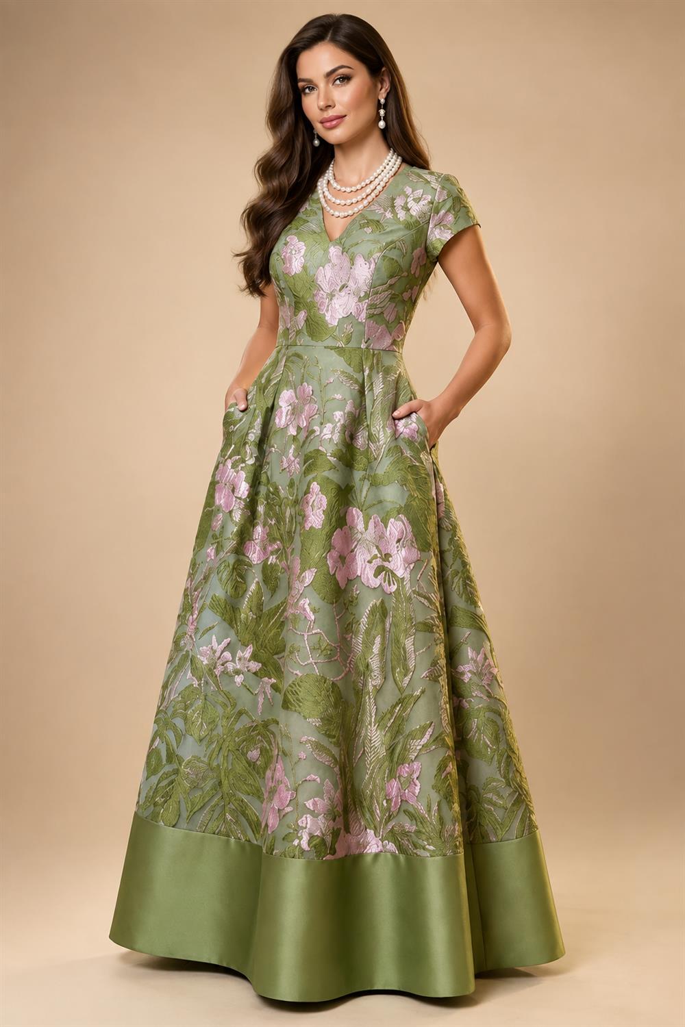 A-Line Floral Jacquard Floor-Length Mother of the Bride & Groom Dresses with V-Neck, Cap Sleeves (SHI22500480)