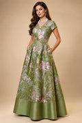 A-Line Floral Jacquard Floor-Length Mother of the Bride & Groom Dresses with V-Neck, Cap Sleeves (SHI22500480)