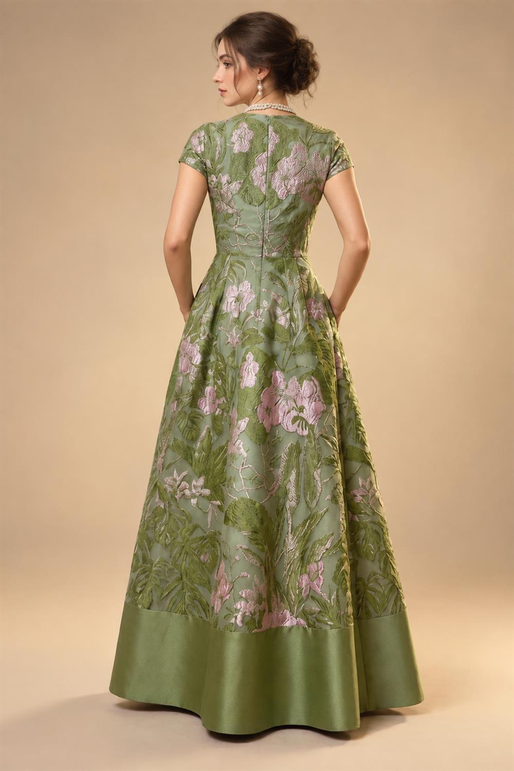 A-Line Floral Jacquard Floor-Length Mother of the Bride & Groom Dresses with V-Neck, Cap Sleeves (SHI22500480)