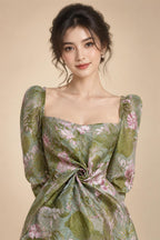 A-Line Floral Jacquard Floor-Length Mother of the Bride & Groom Dresses with V-Neck, Cap Sleeves (SHI22500480)