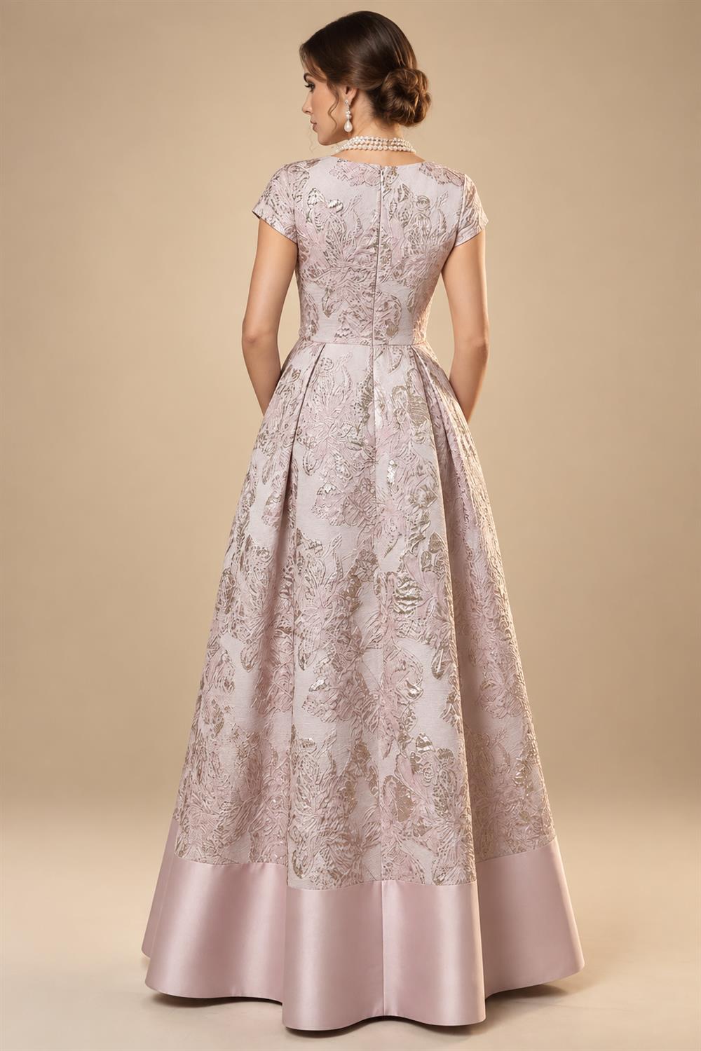 A-Line Floral Jacquard Floor-Length Mother of the Bride & Groom Dresses with V-Neck, Cap Sleeves (SHI22500480)