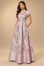 A-Line Floral Jacquard Floor-Length Mother of the Bride & Groom Dresses with V-Neck, Cap Sleeves (SHI22500480)
