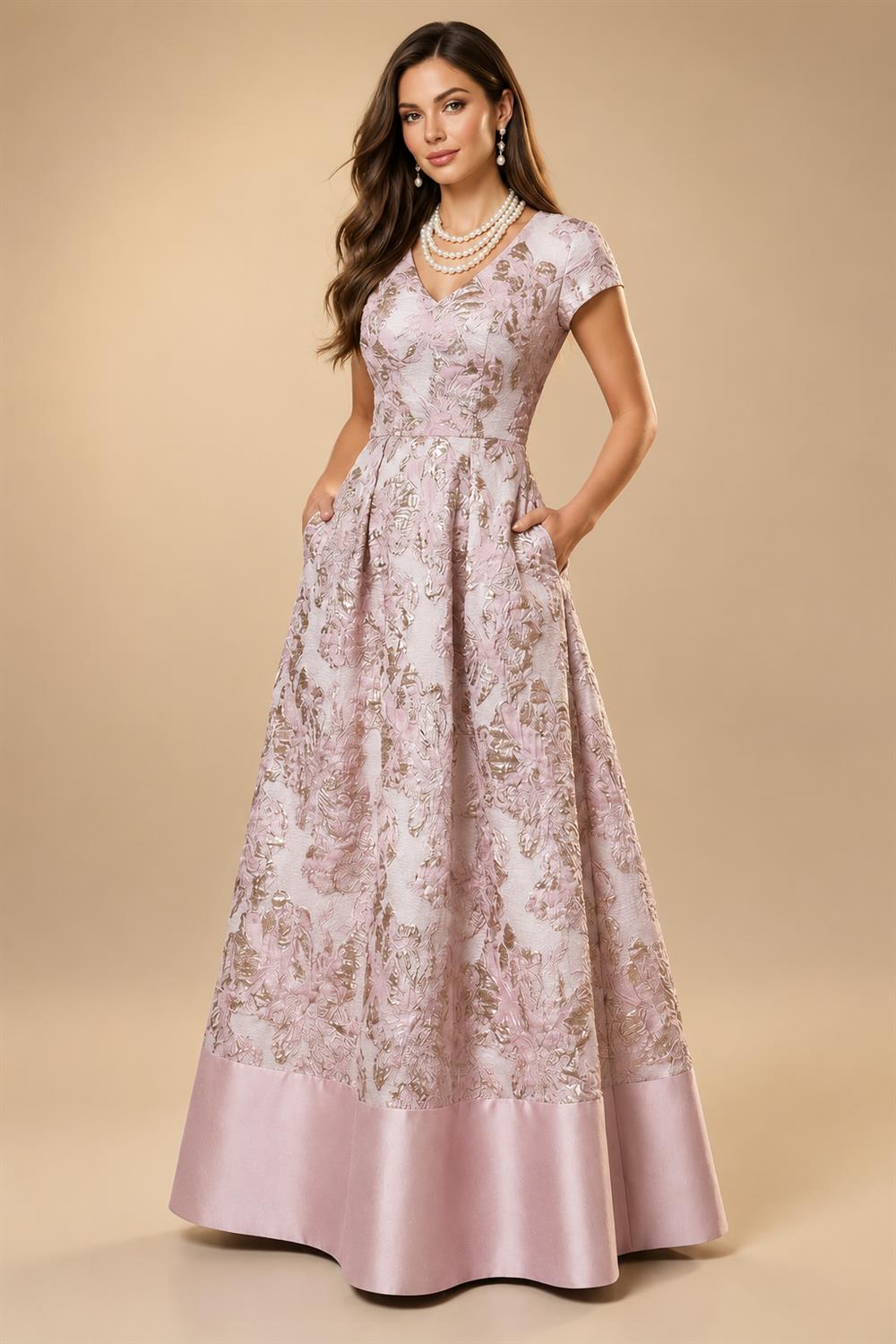 A-Line Floral Jacquard Floor-Length Mother of the Bride & Groom Dresses with V-Neck, Cap Sleeves (SHI22500480)