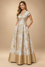 A-Line Floral Jacquard Floor-Length Mother of the Bride & Groom Dresses with V-Neck, Cap Sleeves (SHI22500480)