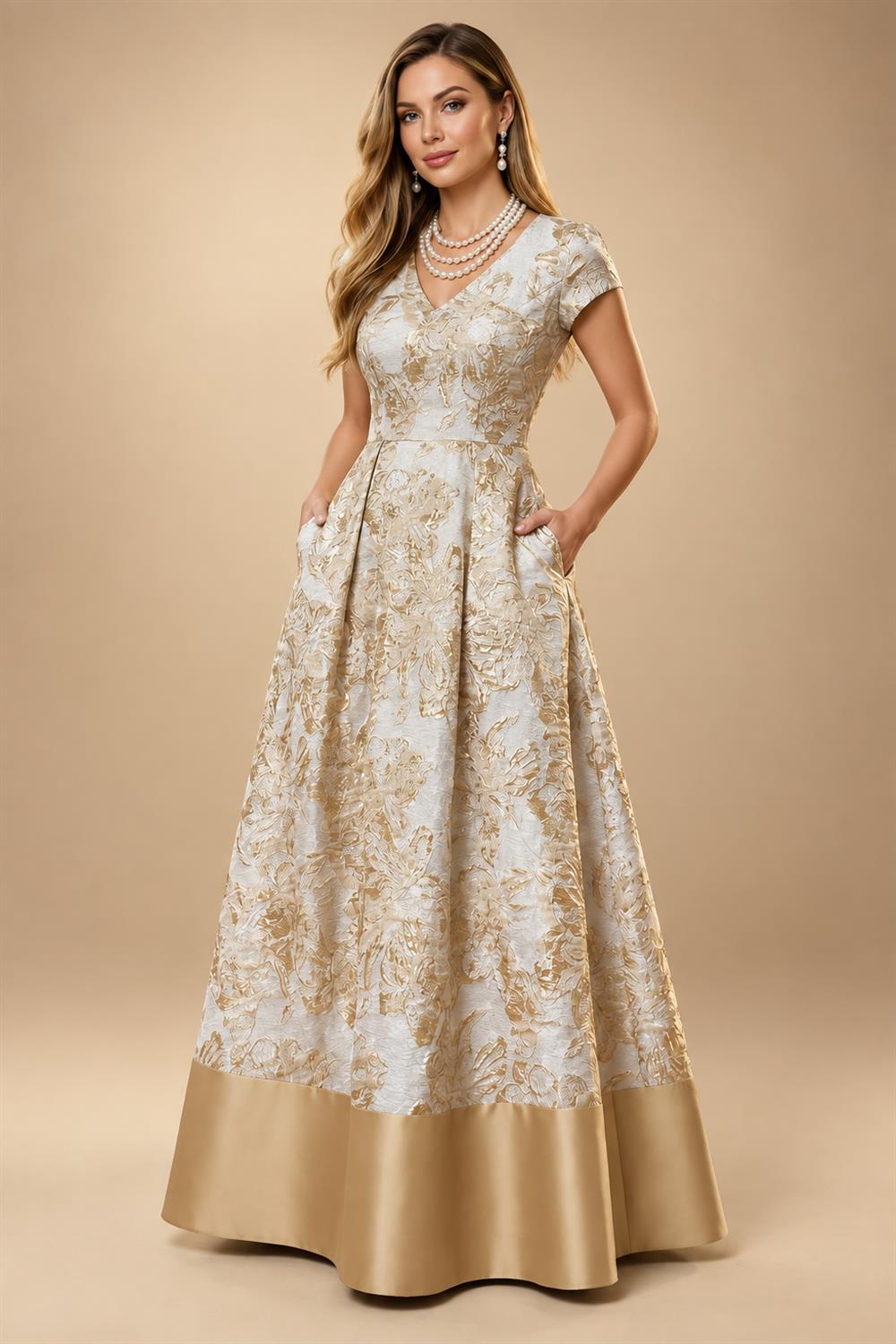 A-Line Floral Jacquard Floor-Length Mother of the Bride & Groom Dresses with V-Neck, Cap Sleeves (SHI22500480)