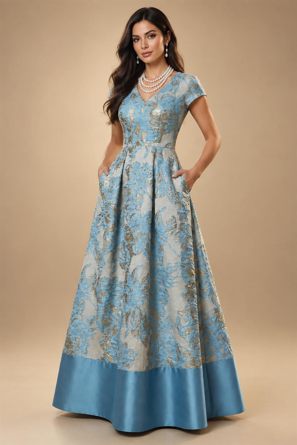 A-Line Floral Jacquard Floor-Length Mother of the Bride & Groom Dresses with V-Neck, Cap Sleeves (SHI22500480)