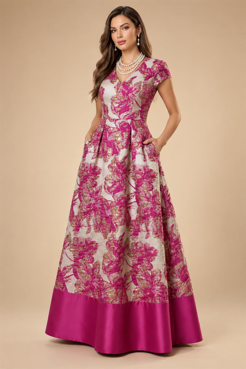 A-Line Floral Jacquard Floor-Length Mother of the Bride & Groom Dresses with V-Neck, Cap Sleeves (SHI22500480)