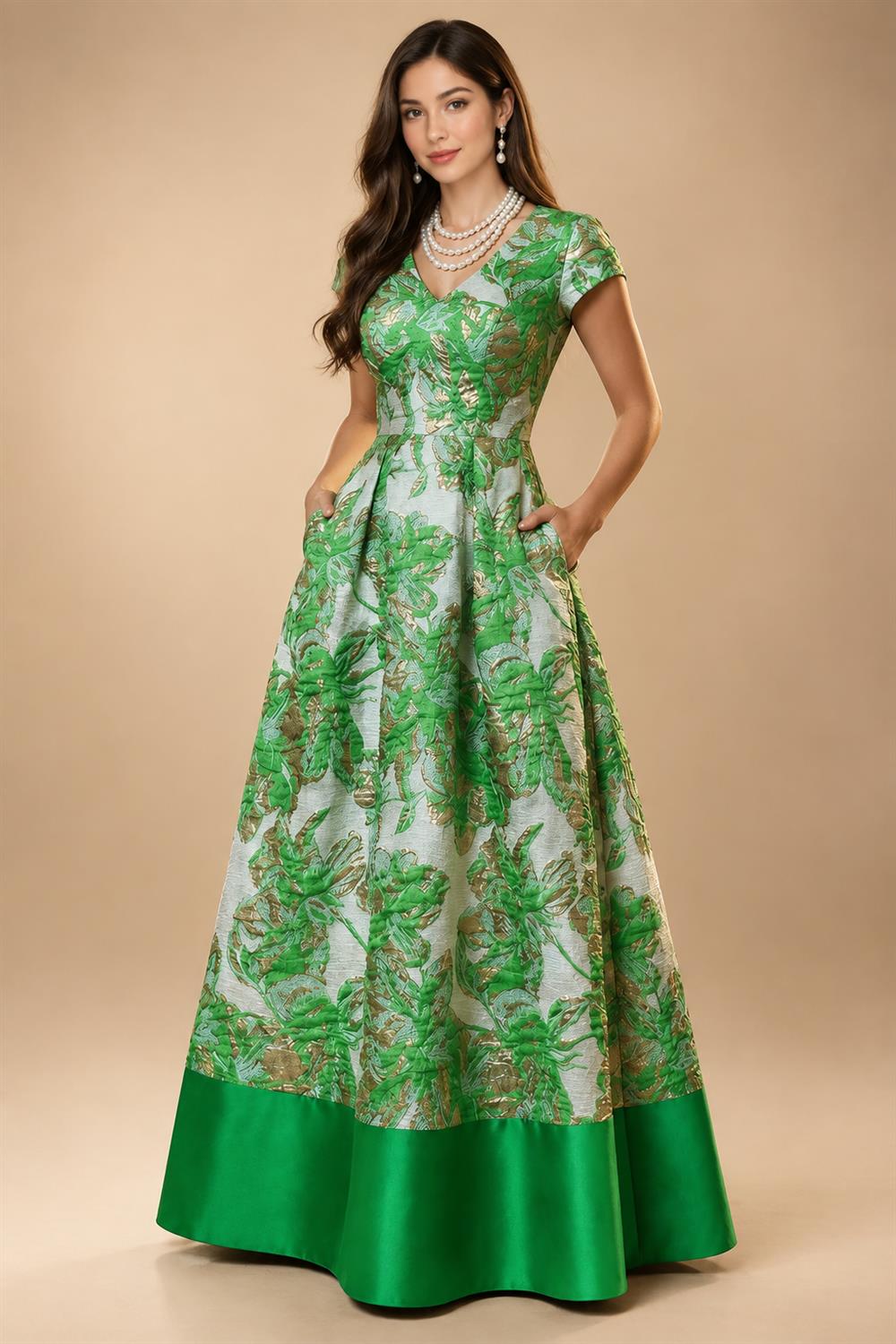 A-Line Floral Jacquard Floor-Length Mother of the Bride & Groom Dresses with V-Neck, Cap Sleeves (SHI22500480)