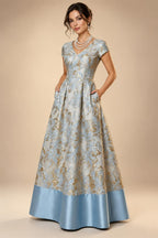 A-Line Floral Jacquard Floor-Length Mother of the Bride & Groom Dresses with V-Neck, Cap Sleeves (SHI22500480)