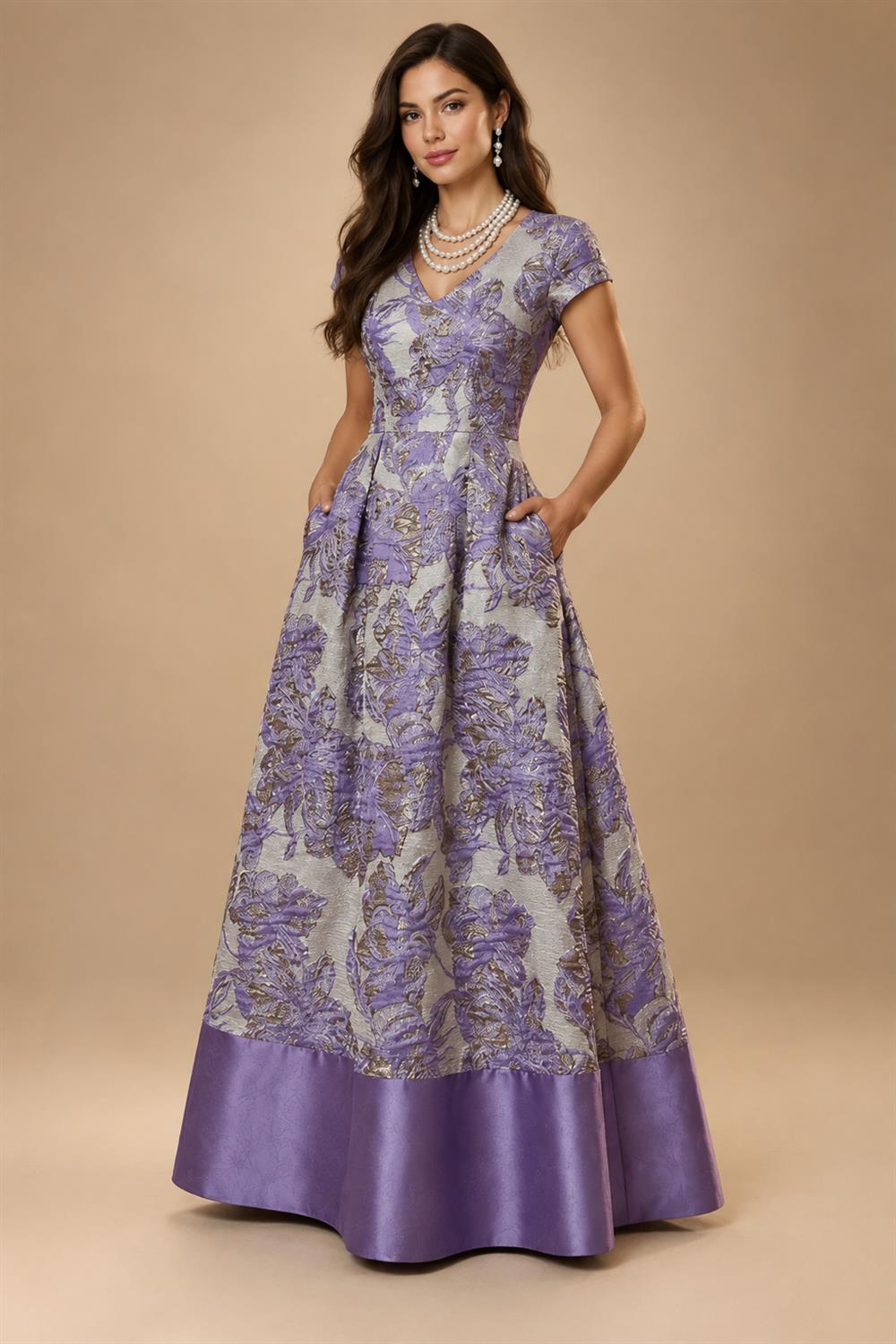 A-Line Floral Jacquard Floor-Length Mother of the Bride & Groom Dresses with V-Neck, Cap Sleeves (SHI22500480)